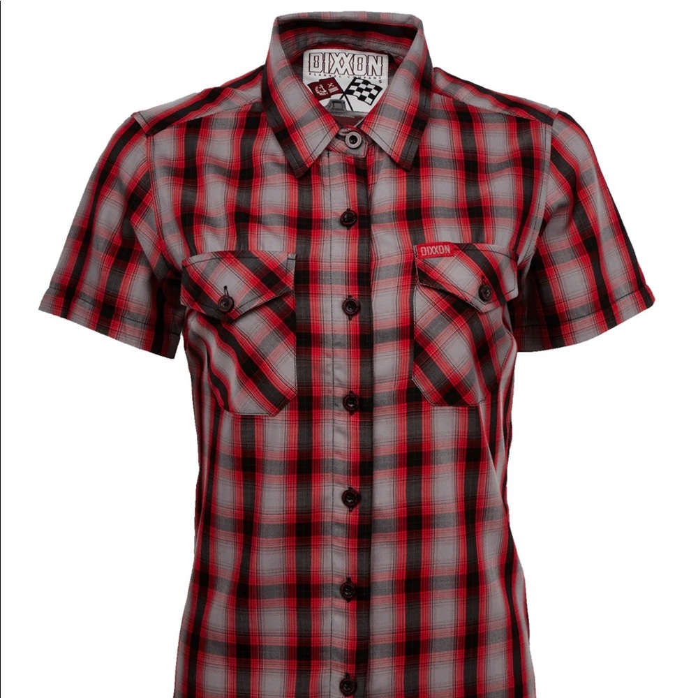 Dixon ladies button up red plaid shirt size L.